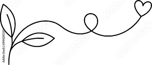 Minimalist black line art of a delicate flower stem with leaves and a looping tendril ending in a heart shape