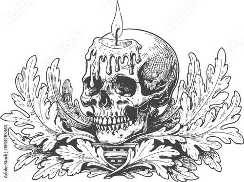 Detailed vintage skull illustration with candle flame, ornate leaves decoration and gothic elements