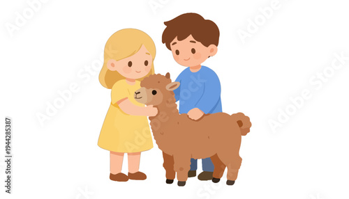 A cartoon illustration of children and an alpaca standing together happily