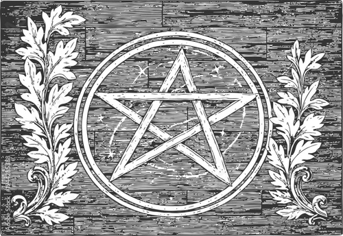 Vintage pentagram symbol with floral ornaments on textured wooden background