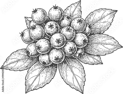 hand drawn blueberry branch with leaves detailed botanical illustration of fresh wild berries cluster in vintage engraving