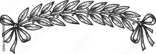 Hand drawn laurel wreath with tied bows, vintage botanical frame with detailed leaves and stems