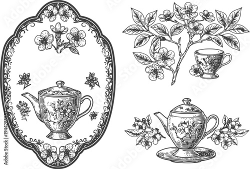 Vintage teapot and teacup illustrations with flowering branches in elegant classic
