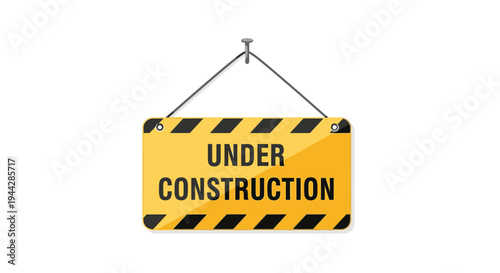 Yellow Under Construction Hanging Sign Isolated on White Background