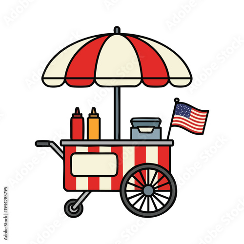Hot Dog Cart with Umbrella and American Flag
