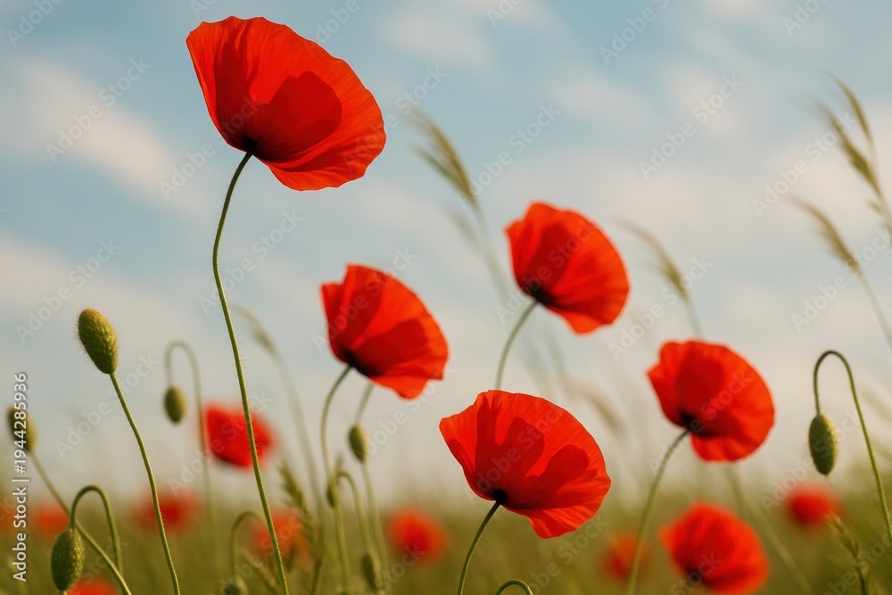 Fototapeta premium Vibrant poppies under blue sky.