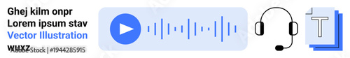 Voice-to-text technology, transcription services, podcasting, audio recording, content creation, language translation. Play button, sound wave headphones text document icons. Voice-to-text