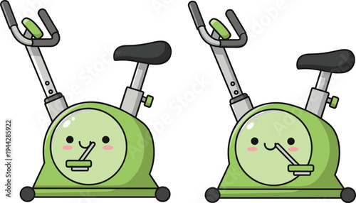Cute stationary exercise bike character illustration set with happy smiling faces for fitness gym workout wellness health and active lifestyle mascot.