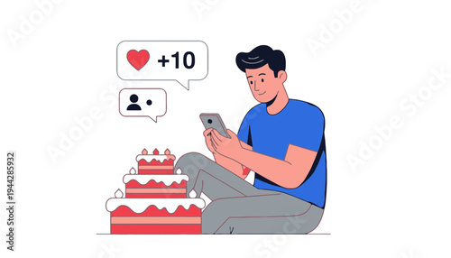 A young man celebrating his birthday with social media notifications on his phone