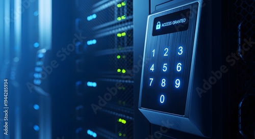 Data center security with number pad lock for server room access , modern corporate concept, texture background, copy space