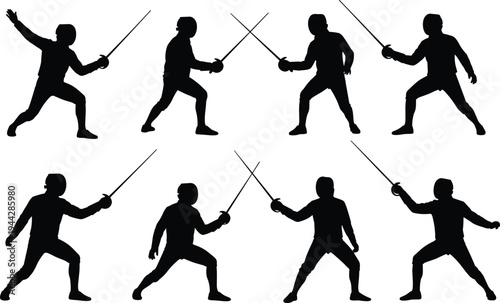 Black Silhouette Fencers Set with Foil Epee and Sabre Weapons in Professional Fencing Poses for Sports Competition and Athletic Design