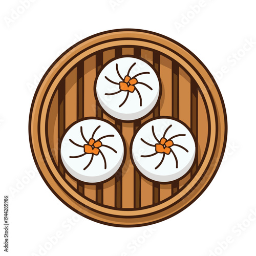 Steamed Dim Sum Dumplings in Bamboo Steamer Illustration