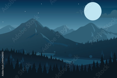 Night Mountain Landscape with Moon and ForestVector Illustration