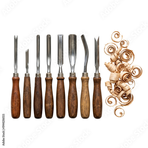 Foto Set of Professional Wood Carving Chisels Isolated on White Background