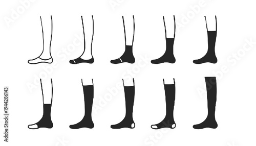 A set of black and white sock illustrations in various styles and lengths