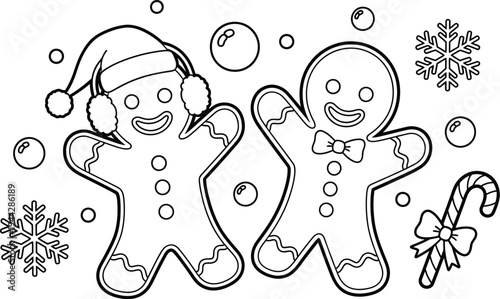 Two happy gingerbread men wearing winter accessories on with snowflakes