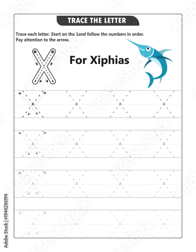 Letter X Tracing Worksheet for Kids - Xiphias Fish Alphabet Handwriting Practice