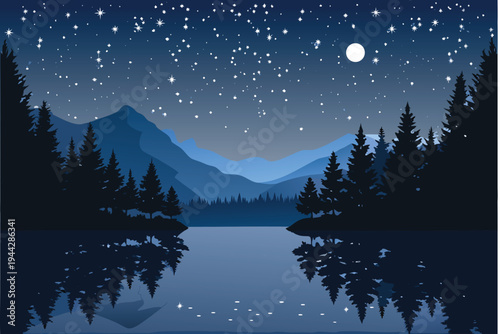 Nighttime Mountain Lake Scene with Starry Sky and Forest Silhouette  Illustration