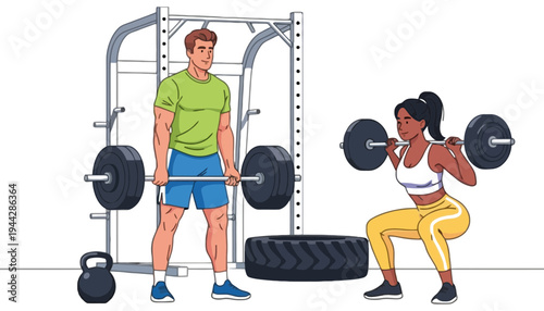 A fit man and woman working out together in a modern gym