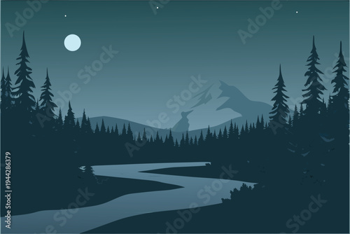Nighttime Mountain Landscape with Winding River and Pine Forest Minimalist Stock Illustration