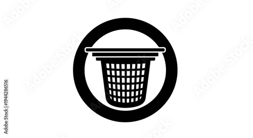 Black laundry basket icon inside a black circle on a white background