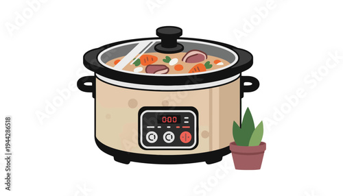 A slow cooker illustration with a digital display and a plant nearby