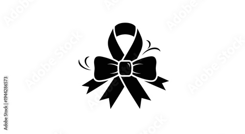 Black Ribbon Bow with Decorative Swirls - Elegant Symbol of Awareness or Celebration