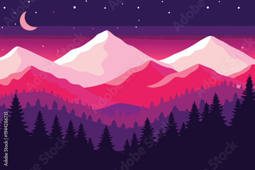 Pink Mountain Range at Night with Crescent Moon and Stars Forest Silhouette Stock Illustration