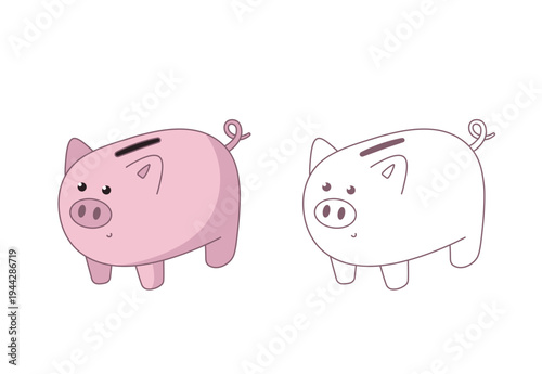 Piggy bank pig illustration set with colored version and outline line art isolated