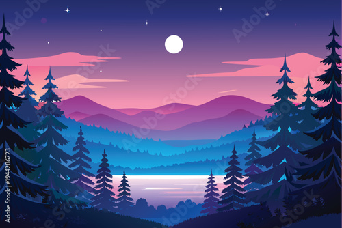 Pine Trees on Lake Shore at Twilight with Mountains and Moon Stock Illustration