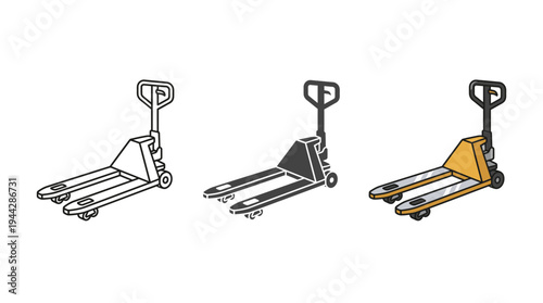 Pallet Jack Icon Set Illustration Line Art Grayscale Color Isolated on White