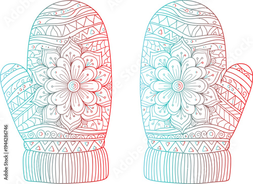 Colorful illustration of a pair of patterned mittens