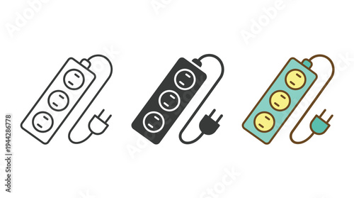 Power Strip Vector Icon Set with Three Outlets and Plug Isolated on White