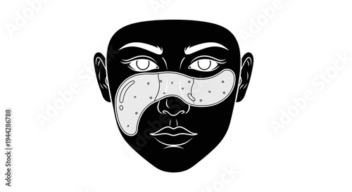 Black and white illustration of a face with eye patches and nose strip