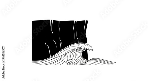 Black cliff and crashing ocean wave, dramatic black and white illustration