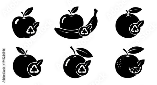 Fruit recycling icon set with apples, bananas, and oranges featuring compost or recycle symbols