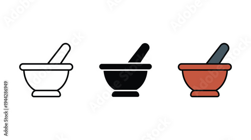 Mortar and Pestle Icon Set with Outline, Solid, and Color Variations Isolated on White Background
