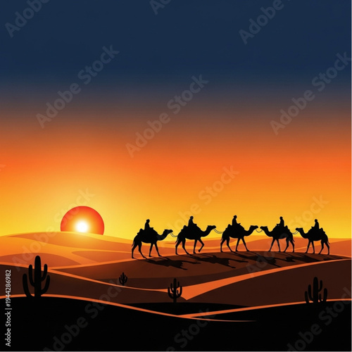 Camel Caravan Silhouettes at Desert Sunset.