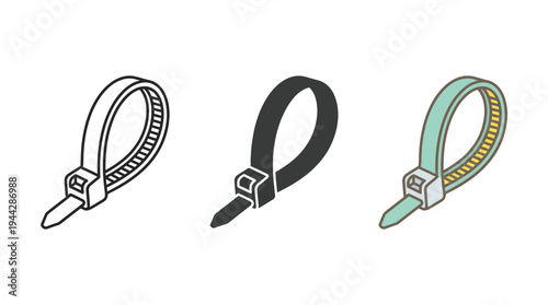 Cable Tie Vector Icon Set, Line Art and Solid Styles, Isolated on White Background
