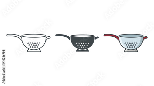 Colander Kitchen Strainer Icons Set Isolated on White Flat Design