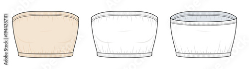Strapless Bandeau Tube Top Technical Fashion Illustration. Women’s Crop Top Vector Template. Fashion Flat Front View. CAD Mockup.