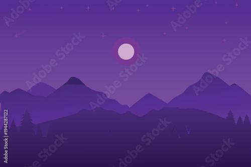 Purple Mountain Landscape at Night with Moon and Stars Flat Design Illustration