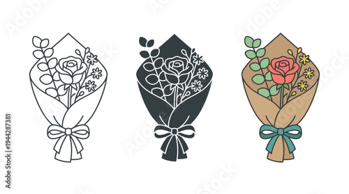 Flower Bouquet Vector Illustration Set with Rose, Line Art, Silhouette and and Colored Versions Isolated on White