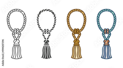 Rope Tassel Decorative Knot Vector Illustration Set Isolated on White Background