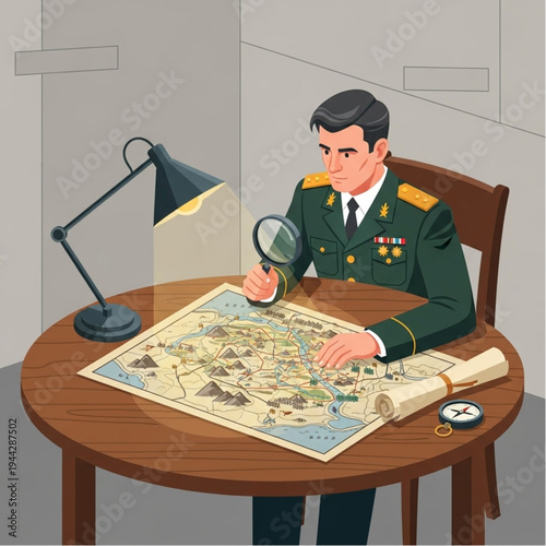 Military Officer Examining Map with Magnifying Glass.