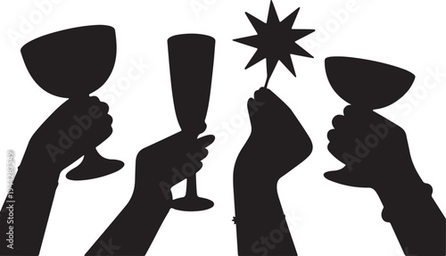 hands holding drinks toast celebration silhouette set black vector illustration