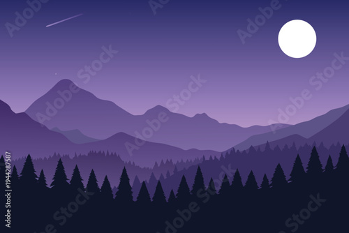 Purple Mountain Range Silhouette with Full Moon and Shooting Star at Night
