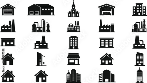 Buildings and factories icons set with houses, industrial plants, warehouses and city architecture symbols black silhouette collection