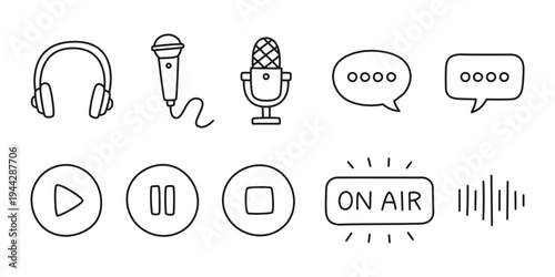 Podcast and audio streaming line icon set, microphone, headphones, and media player buttons