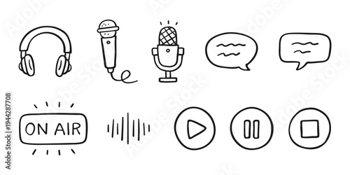 Hand drawn podcast and audio equipment icon set, black and white doodle vector illustration